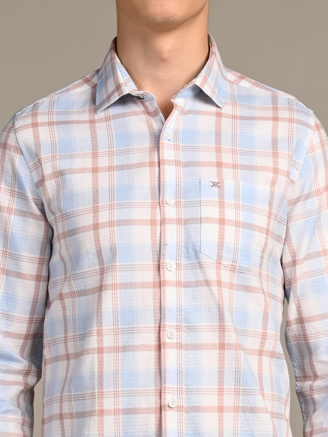 Full Sleeves Slim Fit Sky Dobby Structured Checks Shirt - Image 8
