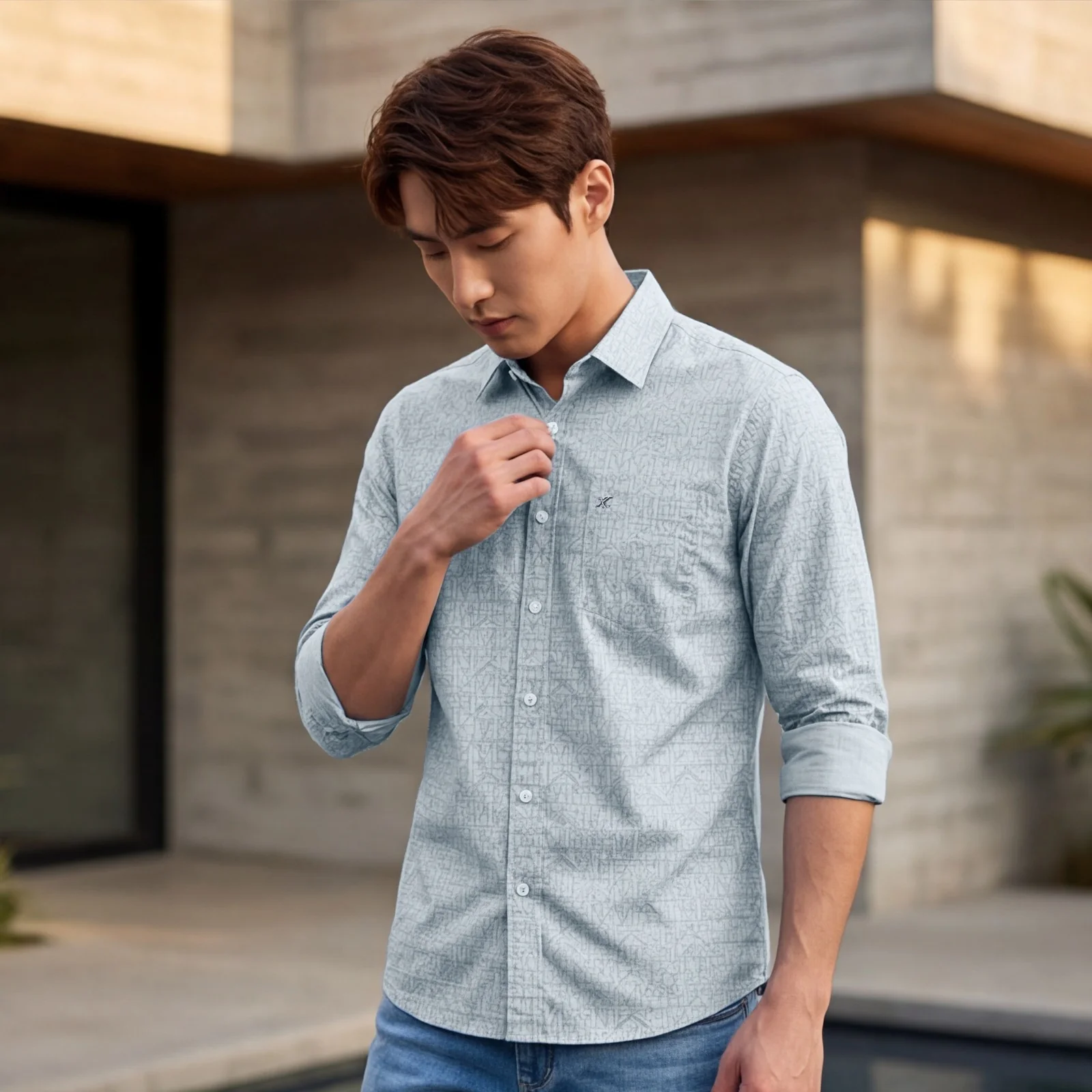 Full sleeves Slim Fit Sky Blue all over Tonal Geometric Print Shirt - Image 2