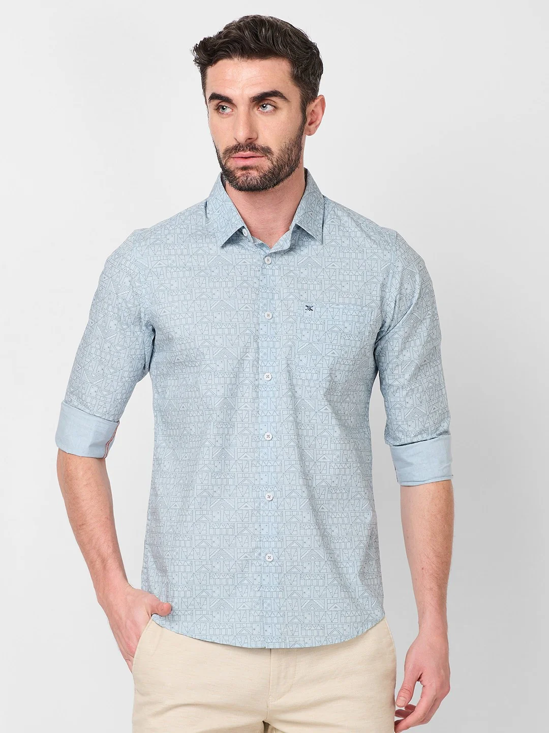 Full sleeves Slim Fit Sky Blue all over Tonal Geometric Print Shirt - Image 3
