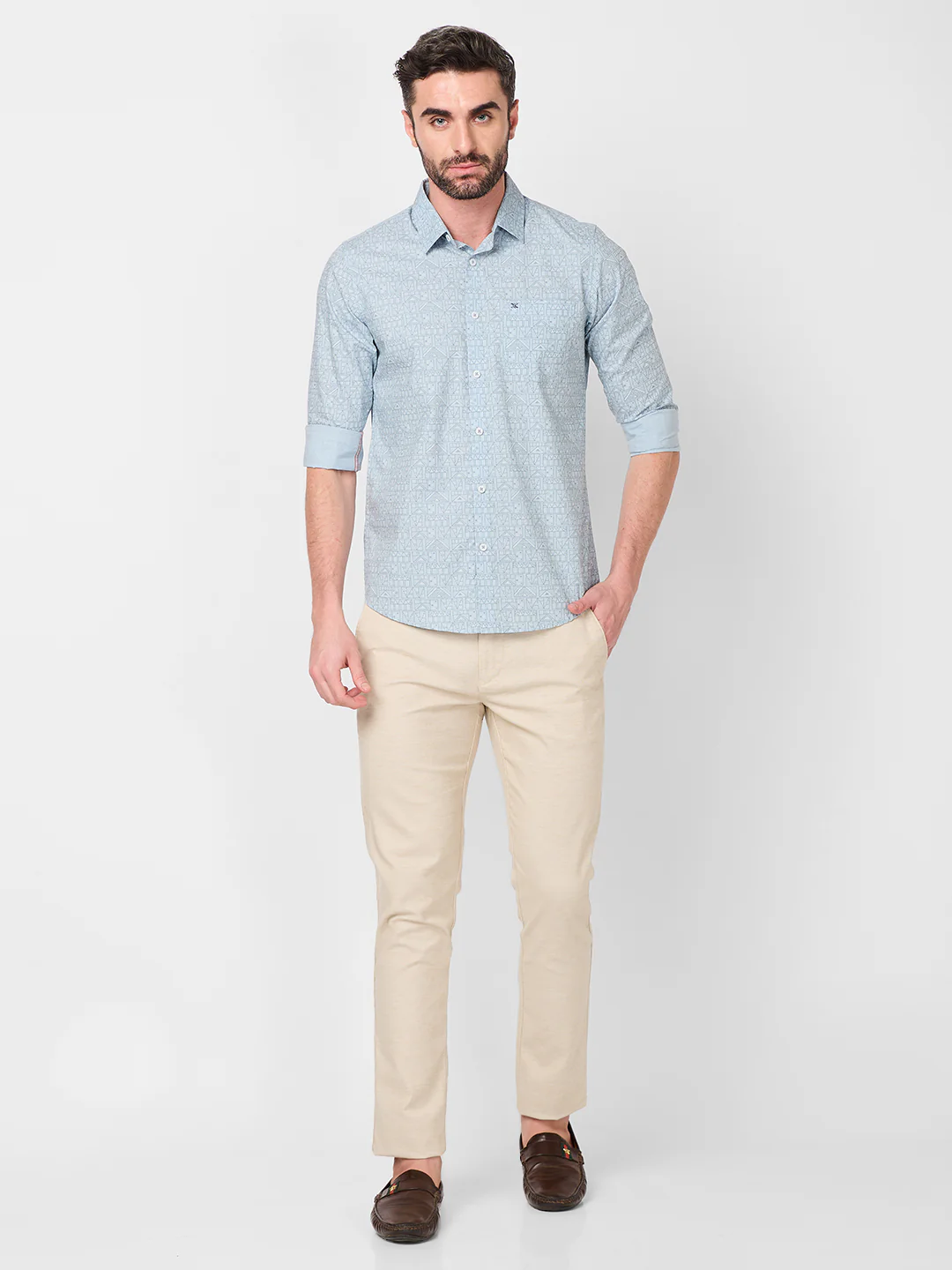 Full sleeves Slim Fit Sky Blue all over Tonal Geometric Print Shirt - Image 4