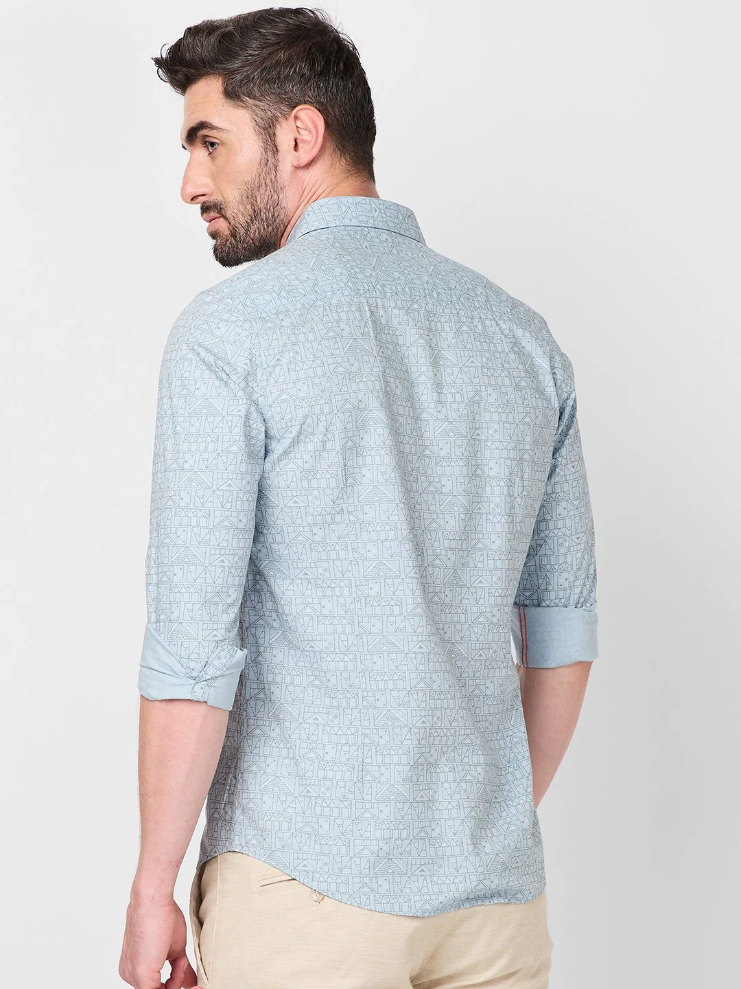 Full sleeves Slim Fit Sky Blue all over Tonal Geometric Print Shirt - Image 5