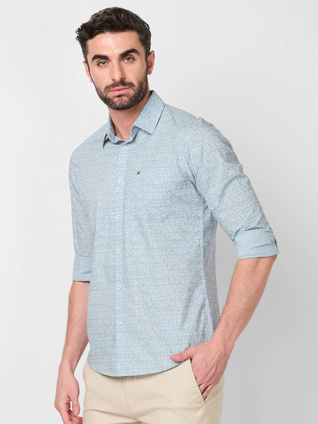 Full sleeves Slim Fit Sky Blue all over Tonal Geometric Print Shirt - Image 6