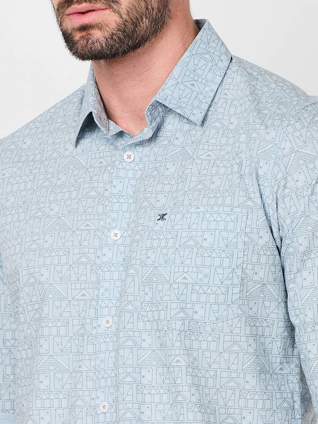 Full sleeves Slim Fit Sky Blue all over Tonal Geometric Print Shirt - Image 7