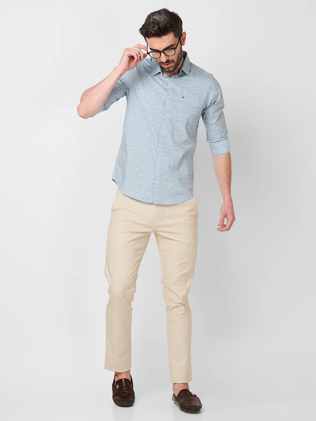 Full sleeves Slim Fit Sky Blue all over Tonal Geometric Print Shirt - Image 8