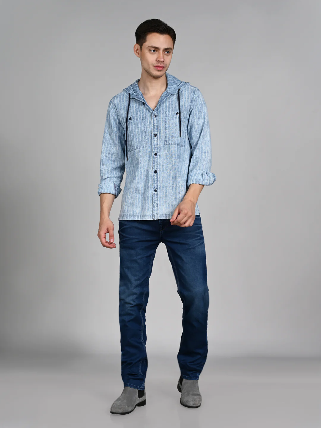 Full Sleeves Straight Fit Light Blue washed Double Pocket Hoodie Indigo Solid Shirt - Image 3