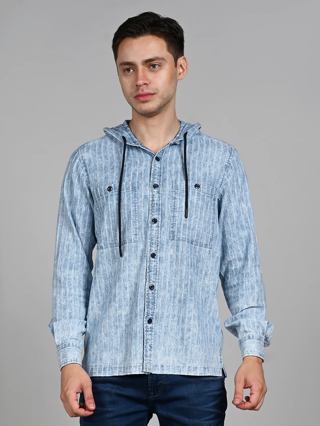 Full Sleeves Straight Fit Light Blue washed Double Pocket Hoodie Indigo Solid Shirt - Image 4
