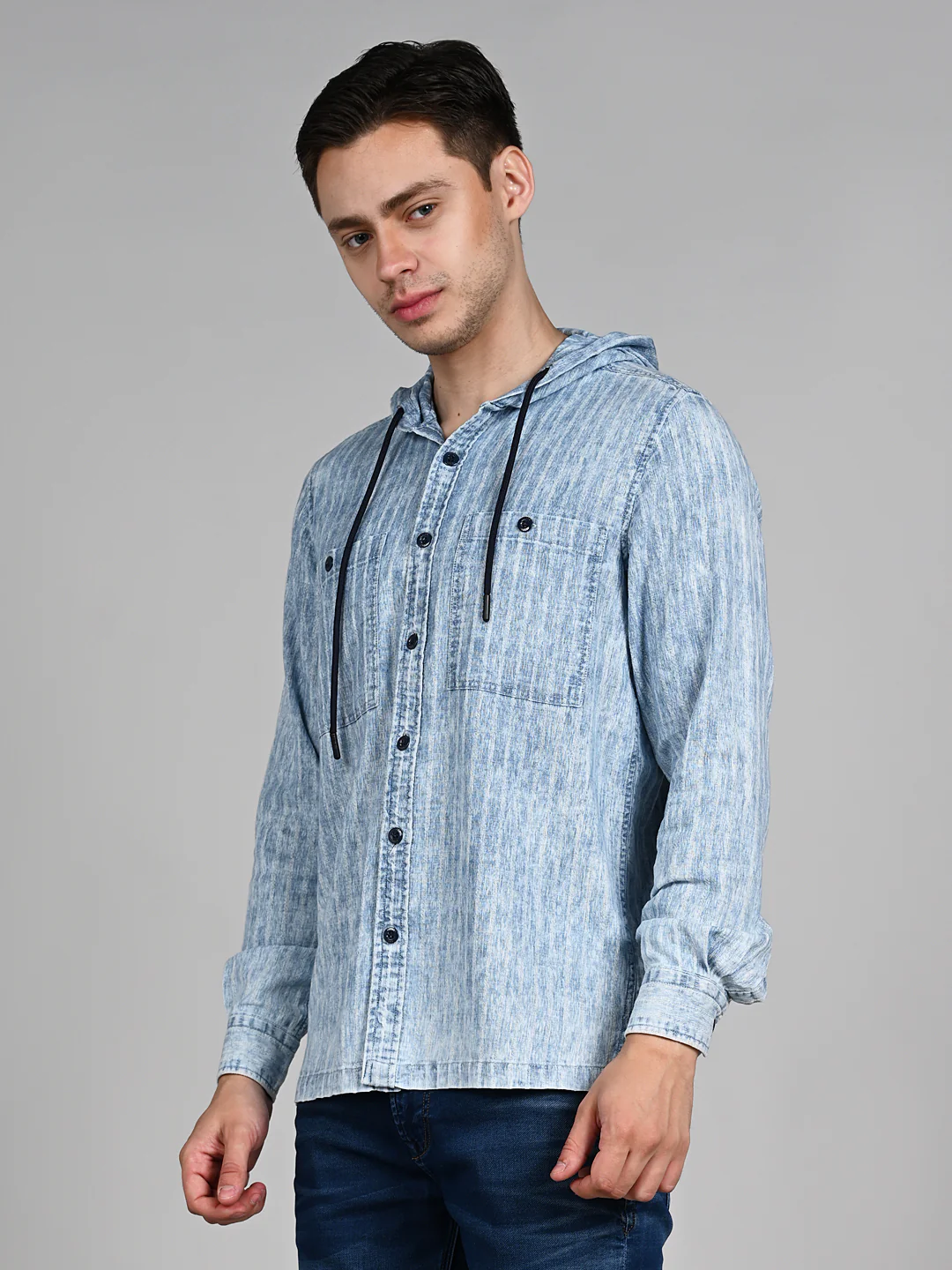 Full Sleeves Straight Fit Light Blue washed Double Pocket Hoodie Indigo Solid Shirt - Image 5