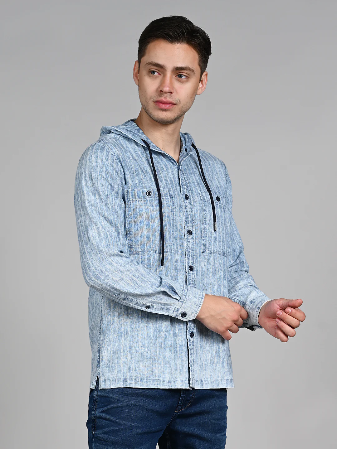 Full Sleeves Straight Fit Light Blue washed Double Pocket Hoodie Indigo Solid Shirt - Image 6