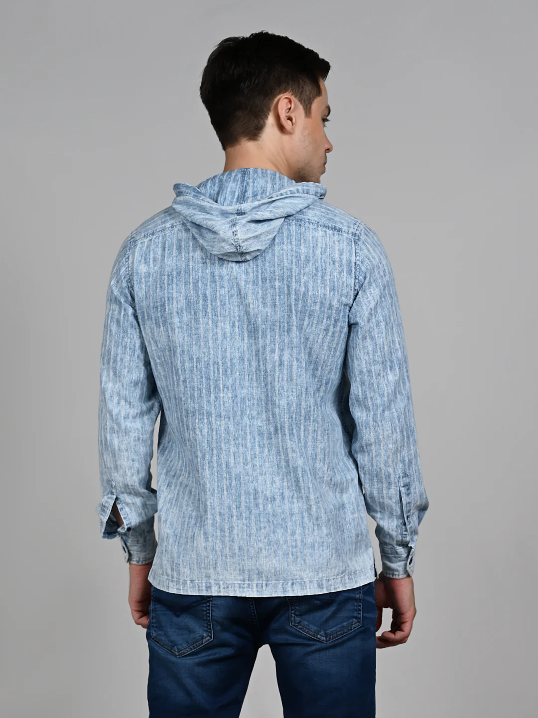 Full Sleeves Straight Fit Light Blue washed Double Pocket Hoodie Indigo Solid Shirt - Image 7