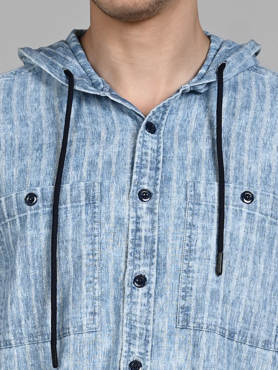 Full Sleeves Straight Fit Light Blue washed Double Pocket Hoodie Indigo Solid Shirt - Image 8