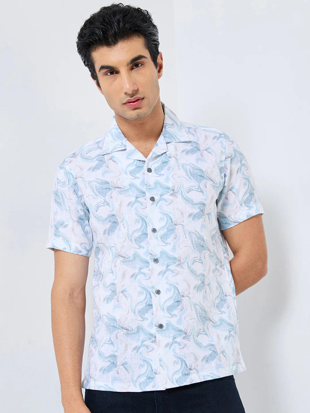 Half Sleeves Regular Fit Sea Green Fluid Marble Cuban Collar Print Shirt - Image 3