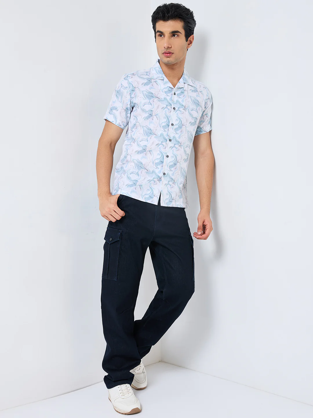 Half Sleeves Regular Fit Sea Green Fluid Marble Cuban Collar Print Shirt - Image 4