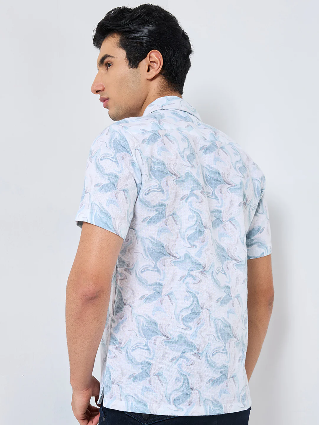 Half Sleeves Regular Fit Sea Green Fluid Marble Cuban Collar Print Shirt - Image 5