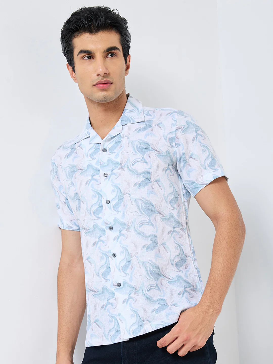 Half Sleeves Regular Fit Sea Green Fluid Marble Cuban Collar Print Shirt - Image 6