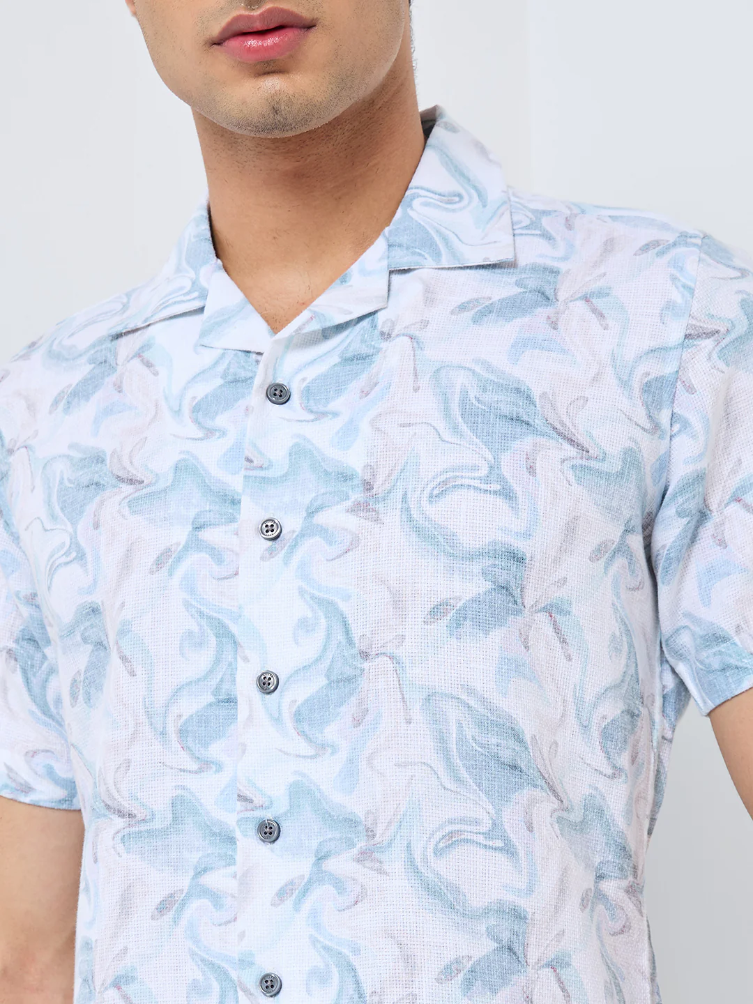 Half Sleeves Regular Fit Sea Green Fluid Marble Cuban Collar Print Shirt - Image 7