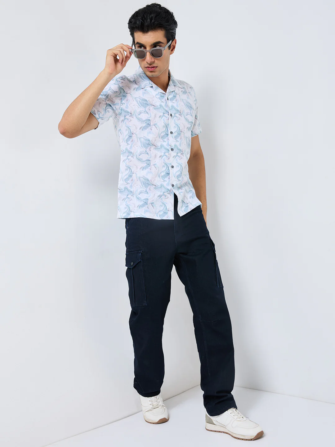 Half Sleeves Regular Fit Sea Green Fluid Marble Cuban Collar Print Shirt - Image 8