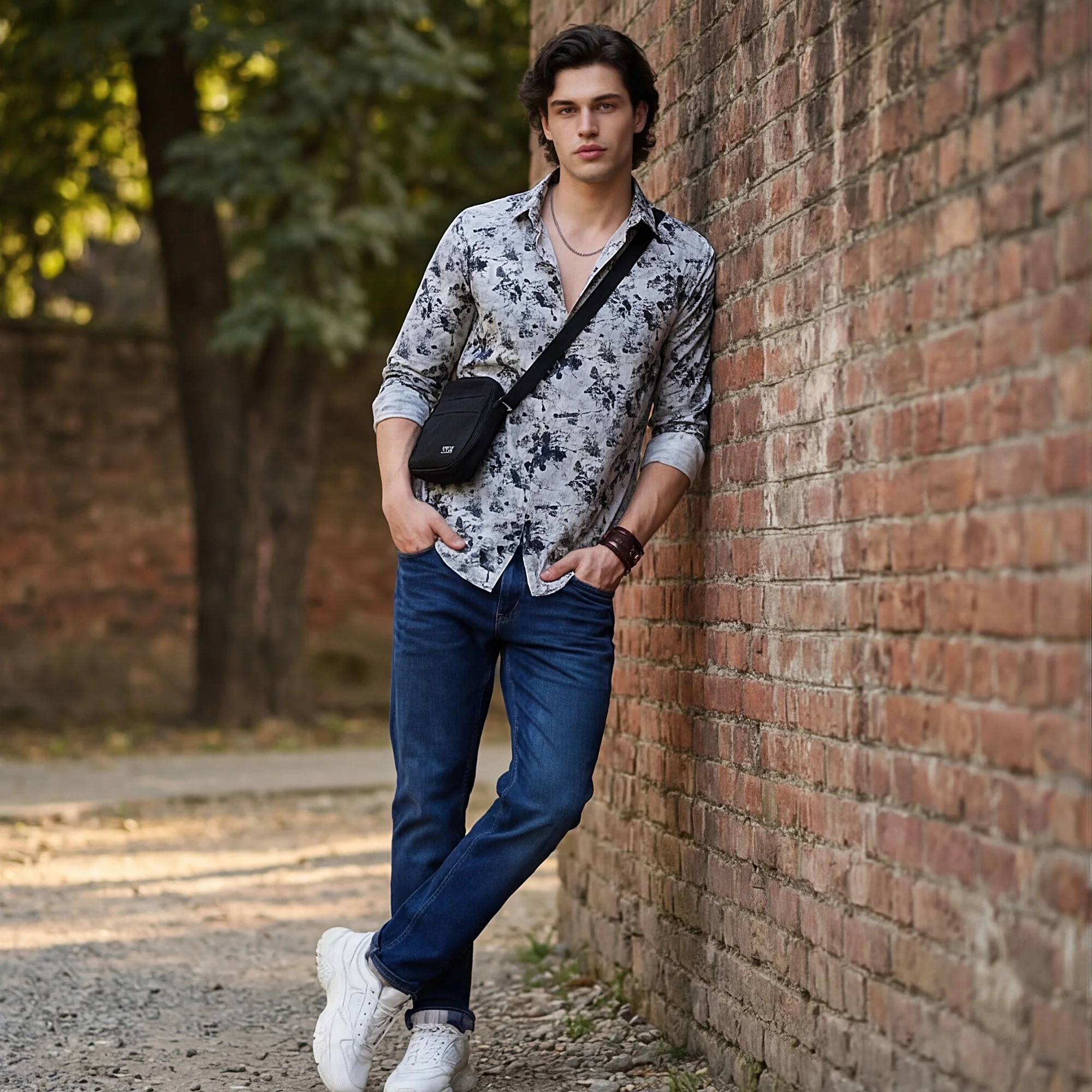 Full Sleeves Slim Fit Light Pista  All-Over Grunge Motif Print Shirt
