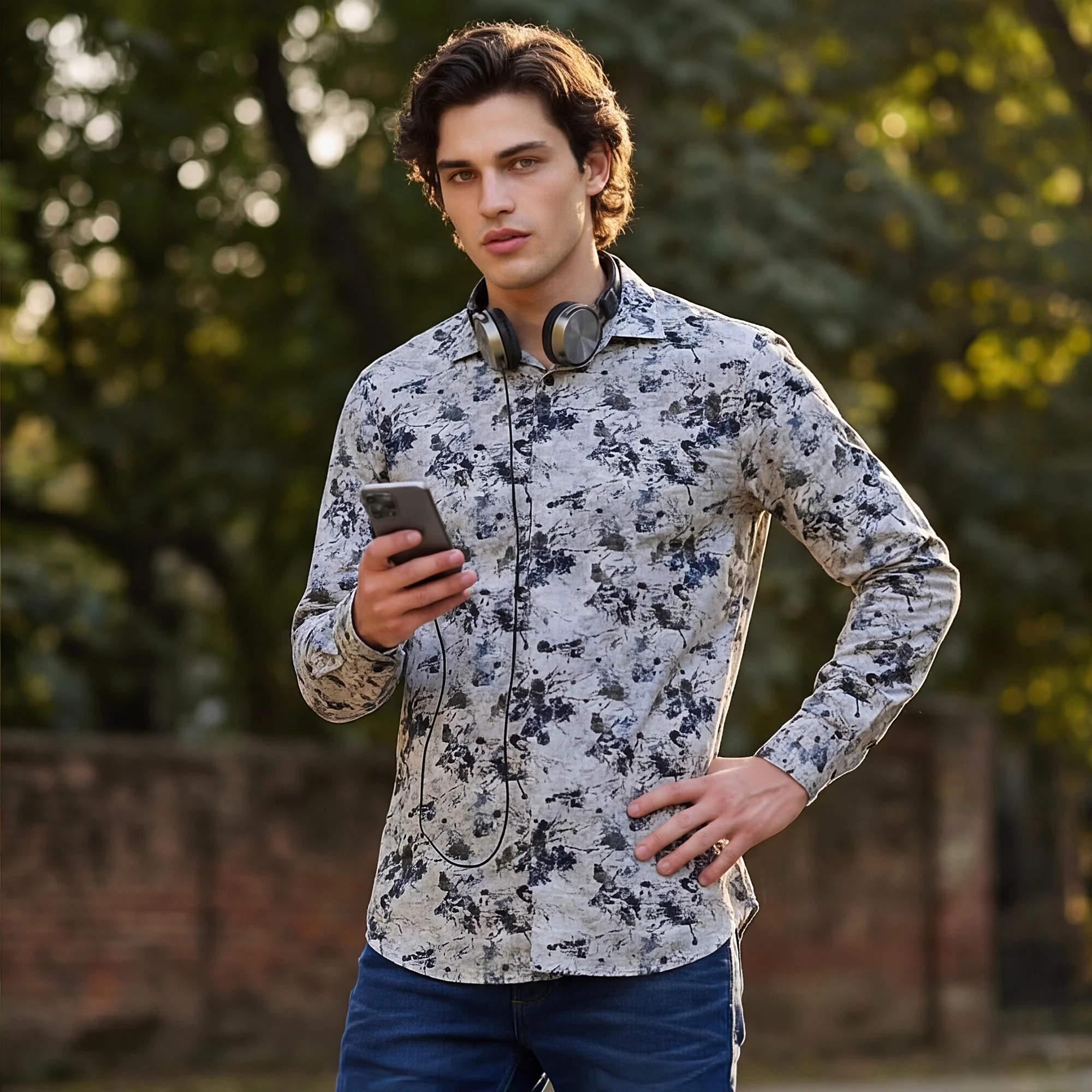 Full Sleeves Slim Fit Light Pista  All-Over Grunge Motif Print Shirt - Image 2