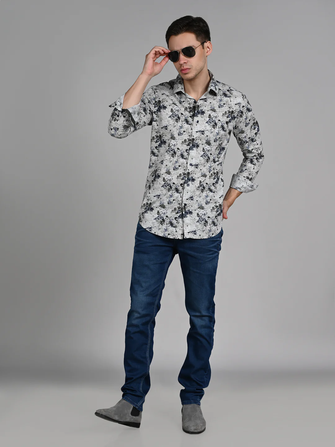 Full Sleeves Slim Fit Light Pista  All-Over Grunge Motif Print Shirt - Image 3