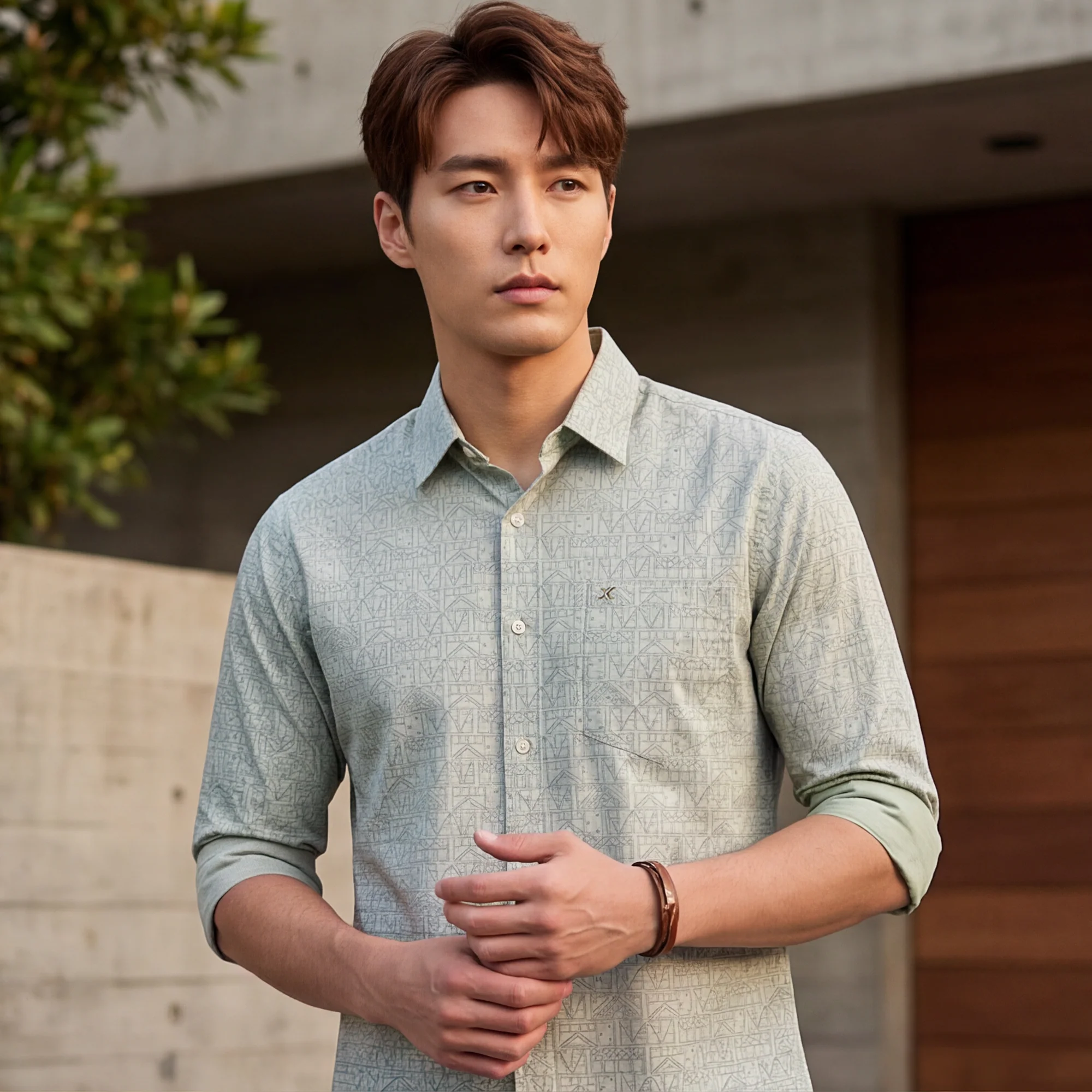 Full sleeves Slim Fit Pista Green all over Tonal Geometric Print Shirt - Image 2