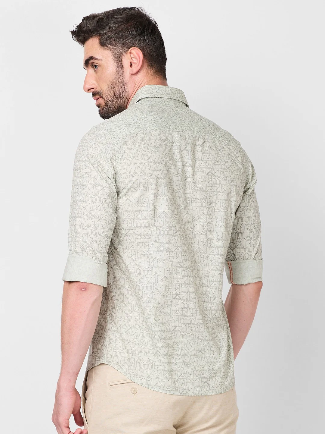Full sleeves Slim Fit Pista Green all over Tonal Geometric Print Shirt - Image 5