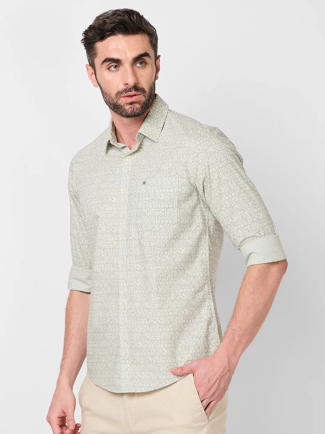 Full sleeves Slim Fit Pista Green all over Tonal Geometric Print Shirt - Image 6