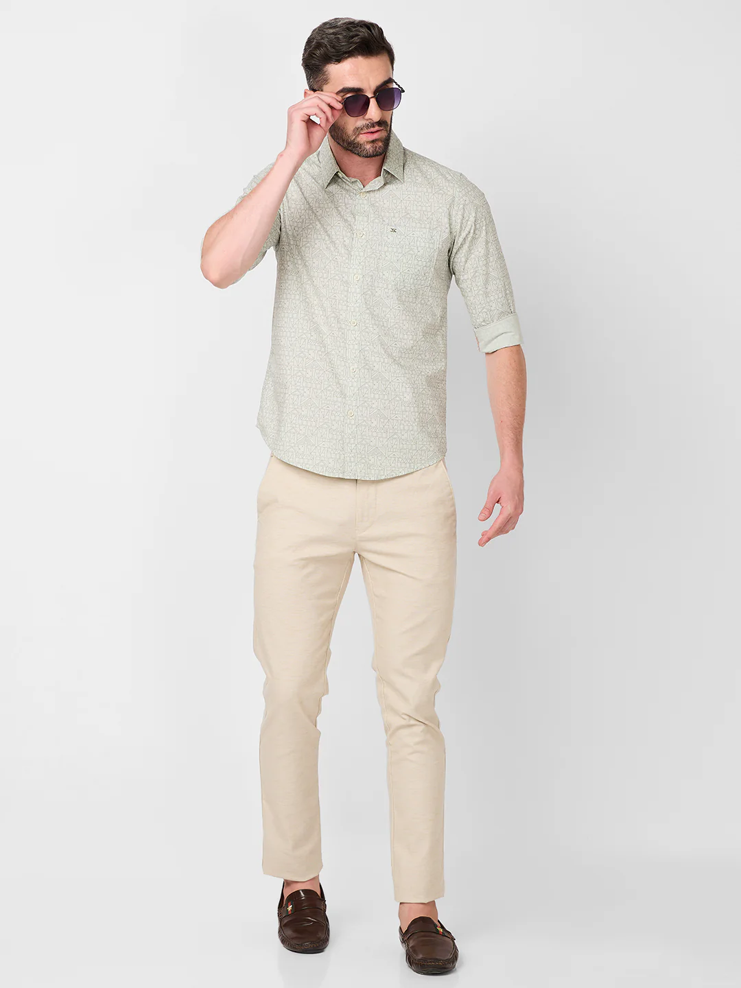 Full sleeves Slim Fit Pista Green all over Tonal Geometric Print Shirt - Image 8