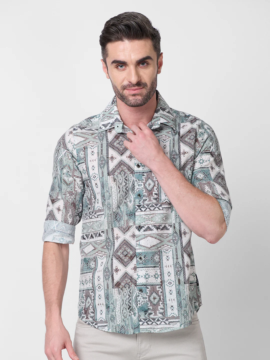 Full sleeves Slim Fit Pista Tribal Geometric Motif Print Shirt - Image 3