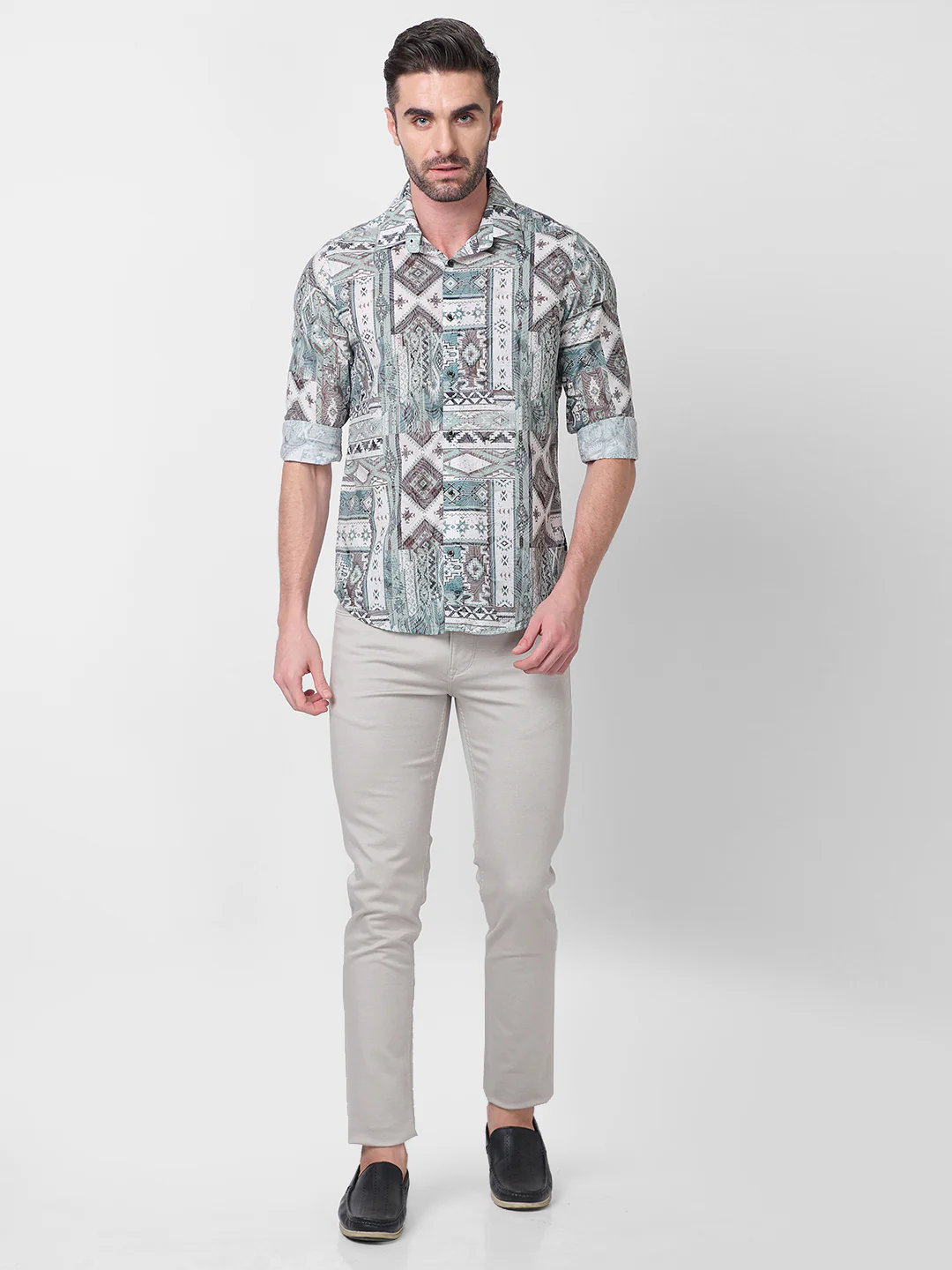 Full sleeves Slim Fit Pista Tribal Geometric Motif Print Shirt - Image 4