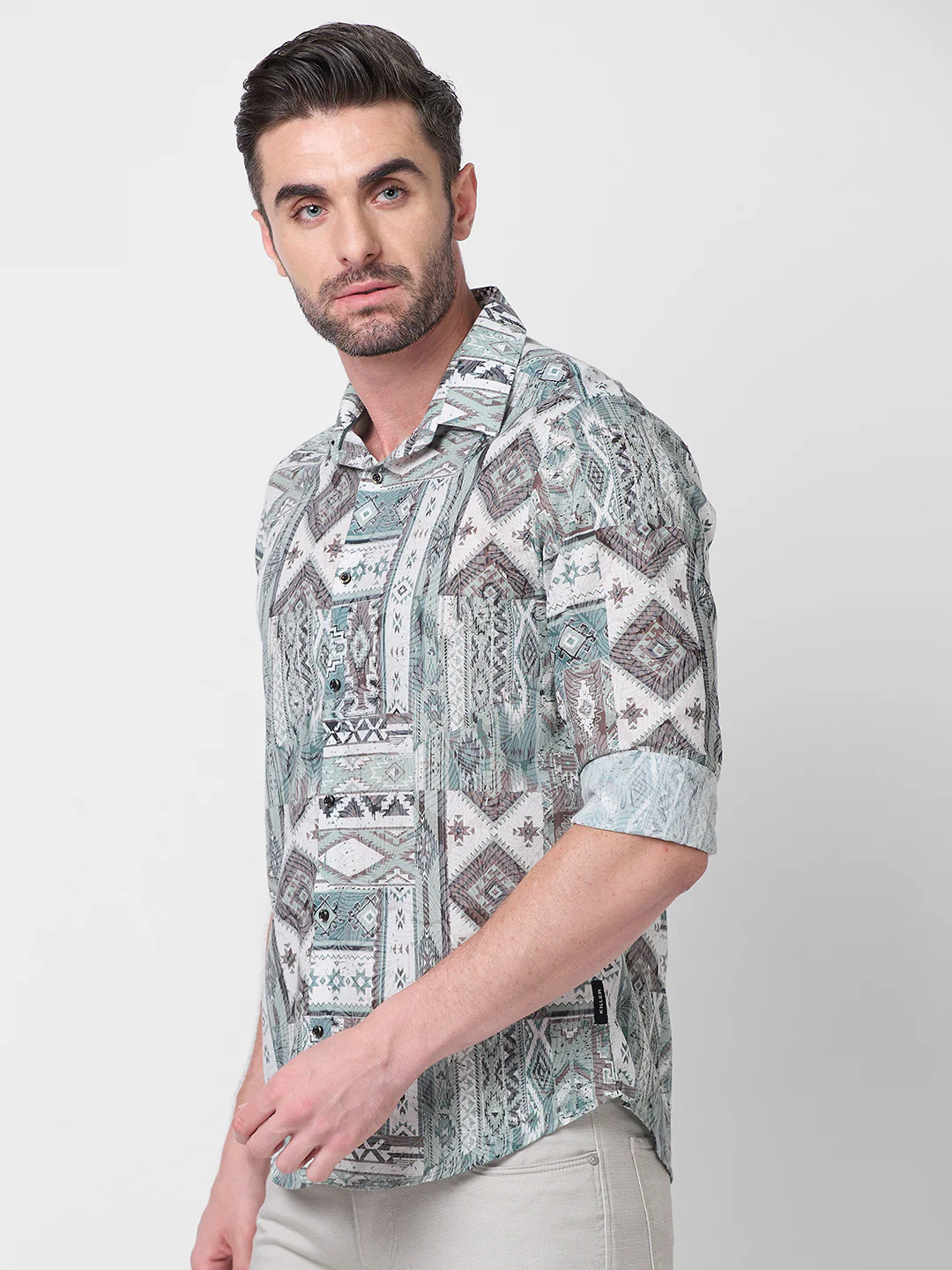 Full sleeves Slim Fit Pista Tribal Geometric Motif Print Shirt - Image 6