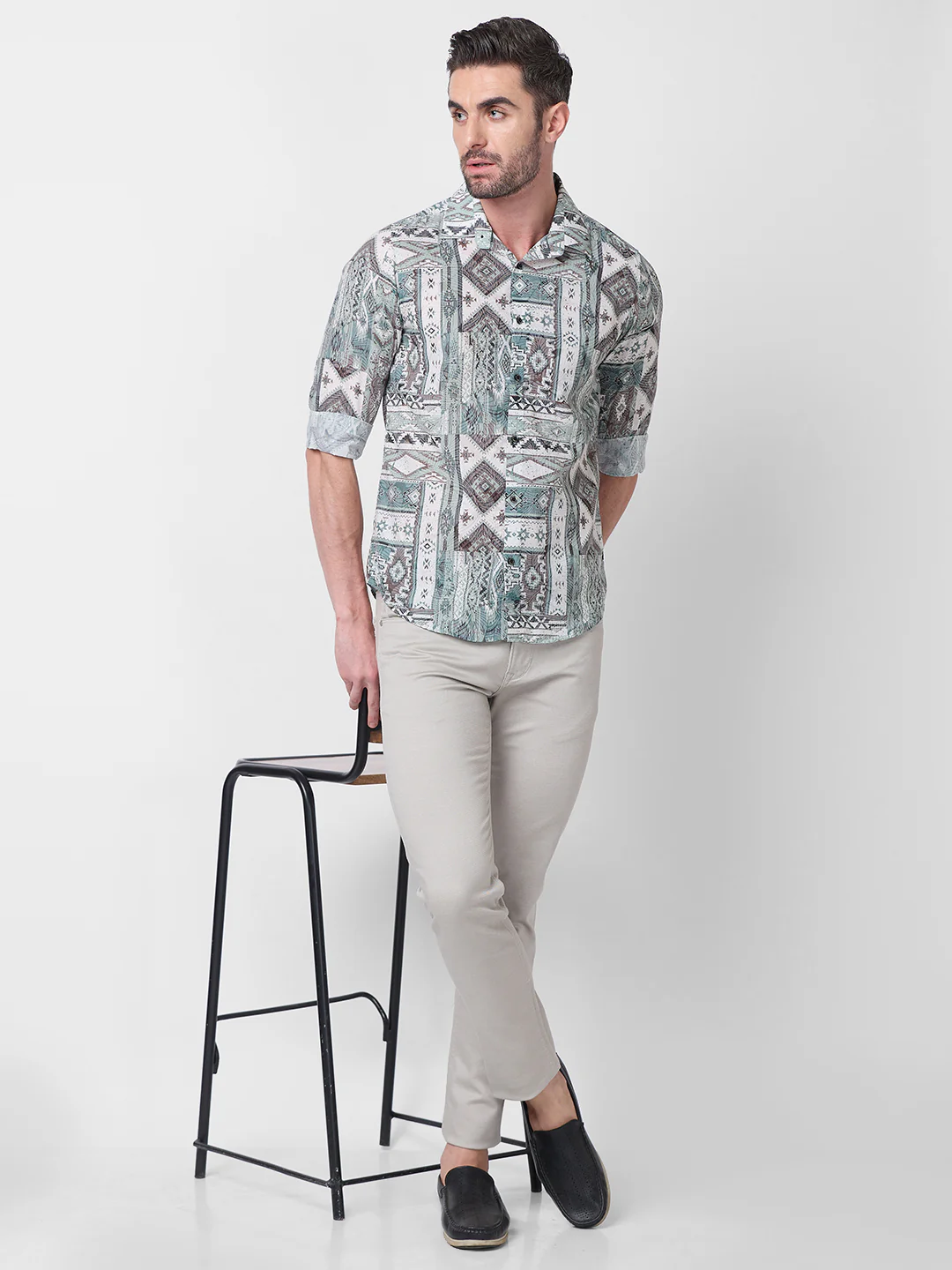 Full sleeves Slim Fit Pista Tribal Geometric Motif Print Shirt - Image 8