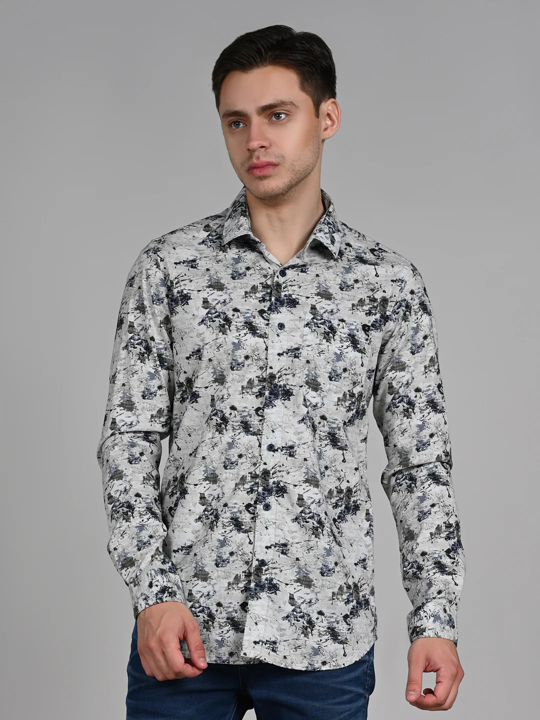 Full Sleeves Slim Fit Light Pista  All-Over Grunge Motif Print Shirt - Image 4