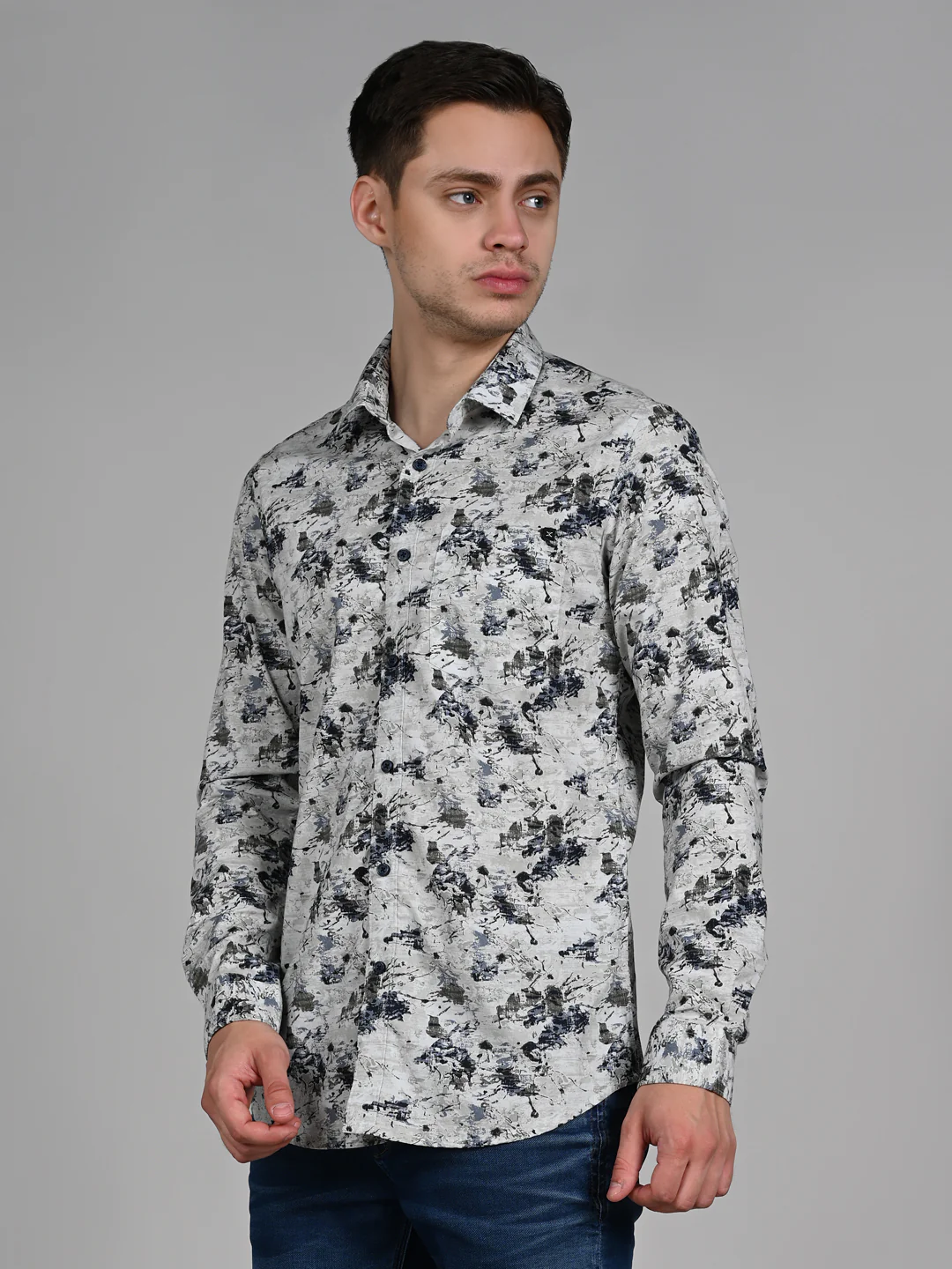 Full Sleeves Slim Fit Light Pista  All-Over Grunge Motif Print Shirt - Image 7