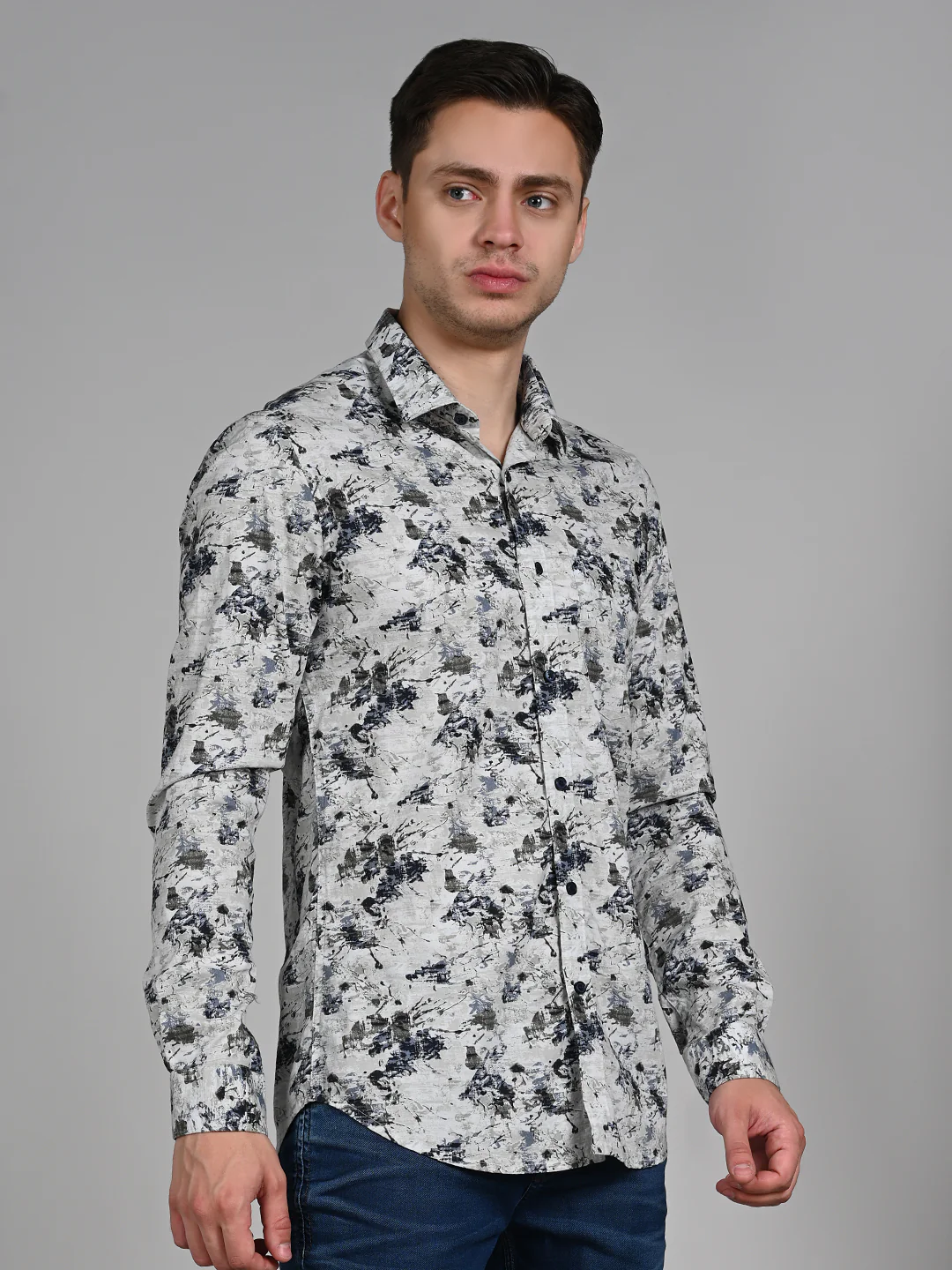 Full Sleeves Slim Fit Light Pista  All-Over Grunge Motif Print Shirt - Image 8