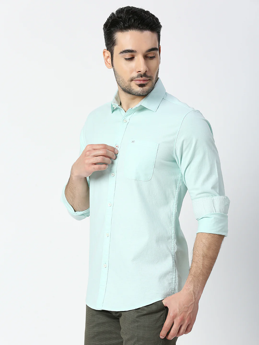 Full Sleeves Slim Fit Pastal green Solid Oxford Shirt - Image 4