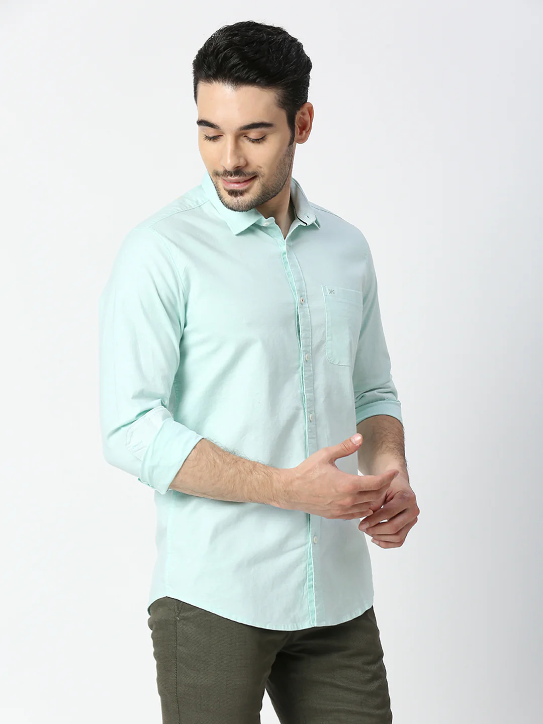 Full Sleeves Slim Fit Pastal green Solid Oxford Shirt - Image 5