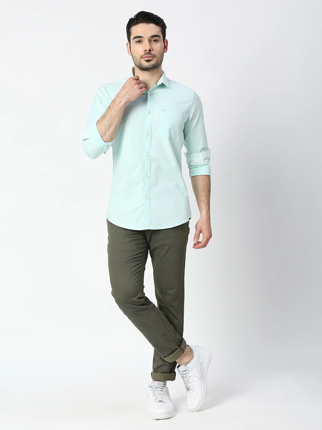 Full Sleeves Slim Fit Pastal green Solid Oxford Shirt - Image 8