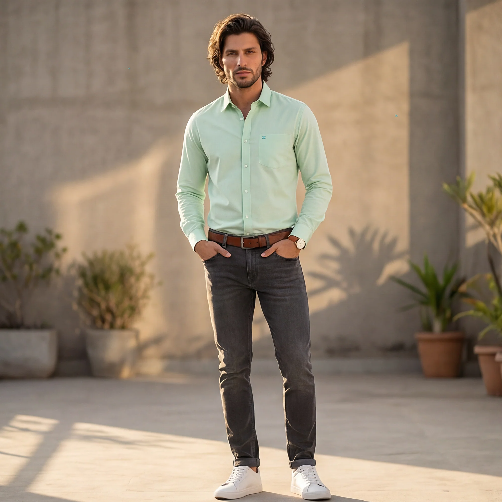 Full Sleeves Slim Fit Mint Solid Oxford Shirt