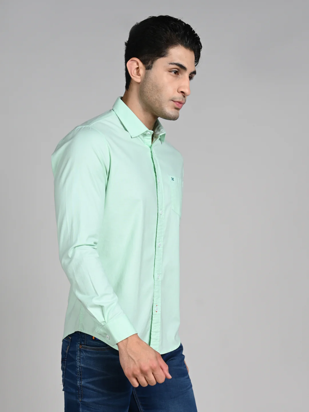 Full Sleeves Slim Fit Mint Solid Oxford Shirt - Image 5
