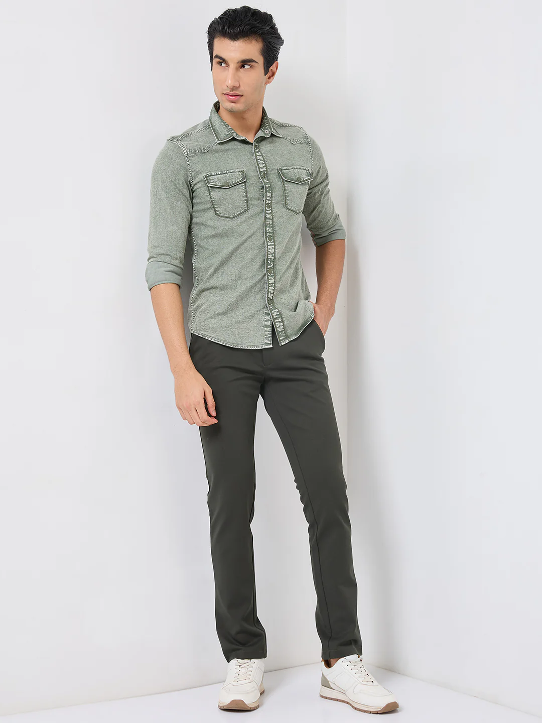 Short sleeves Slim Fit Olive Heavy Washed Double Pocket Solid Shirt - Image 3