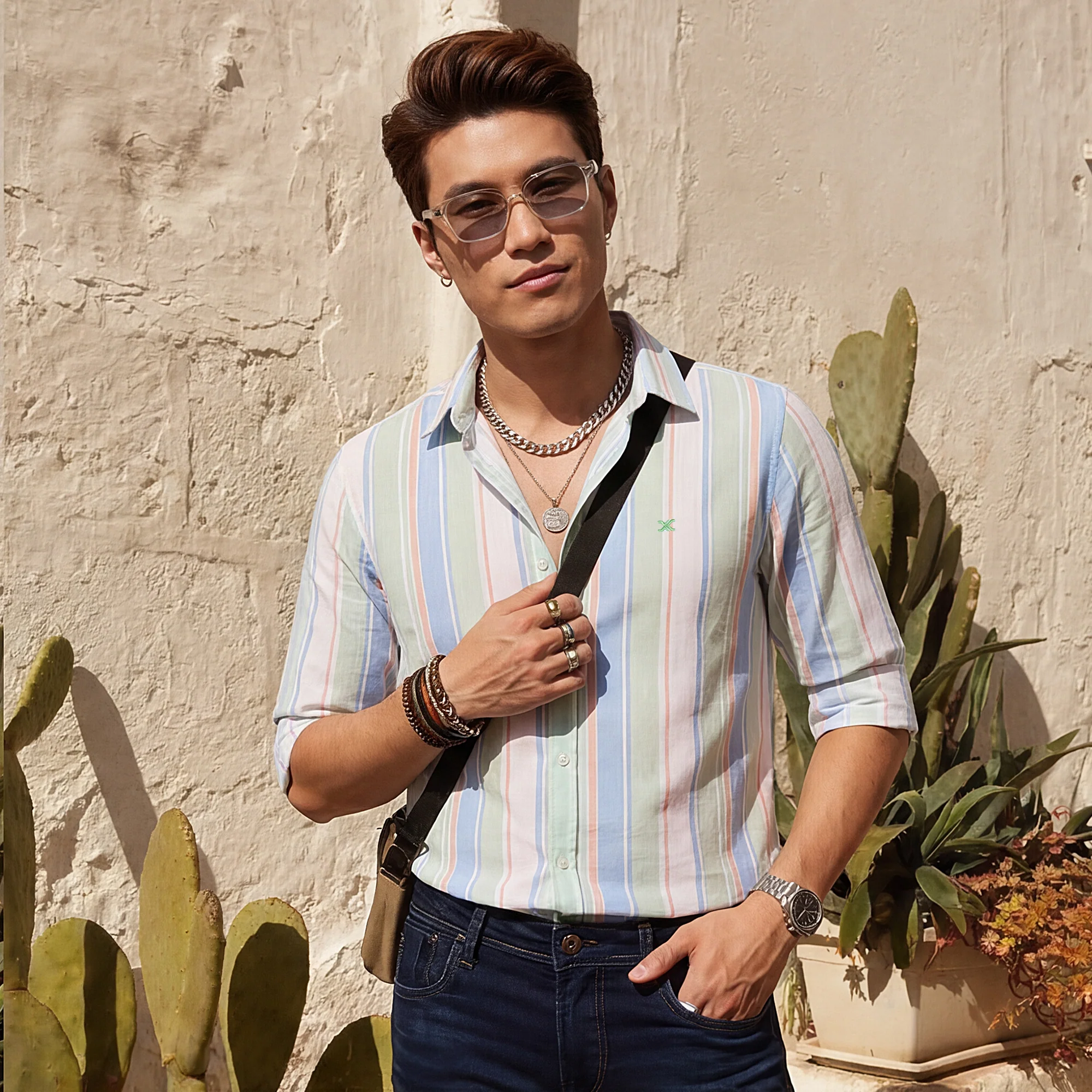 Full sleeves Slim Fit Green Multi Striper Oxford Shirt - Image 2