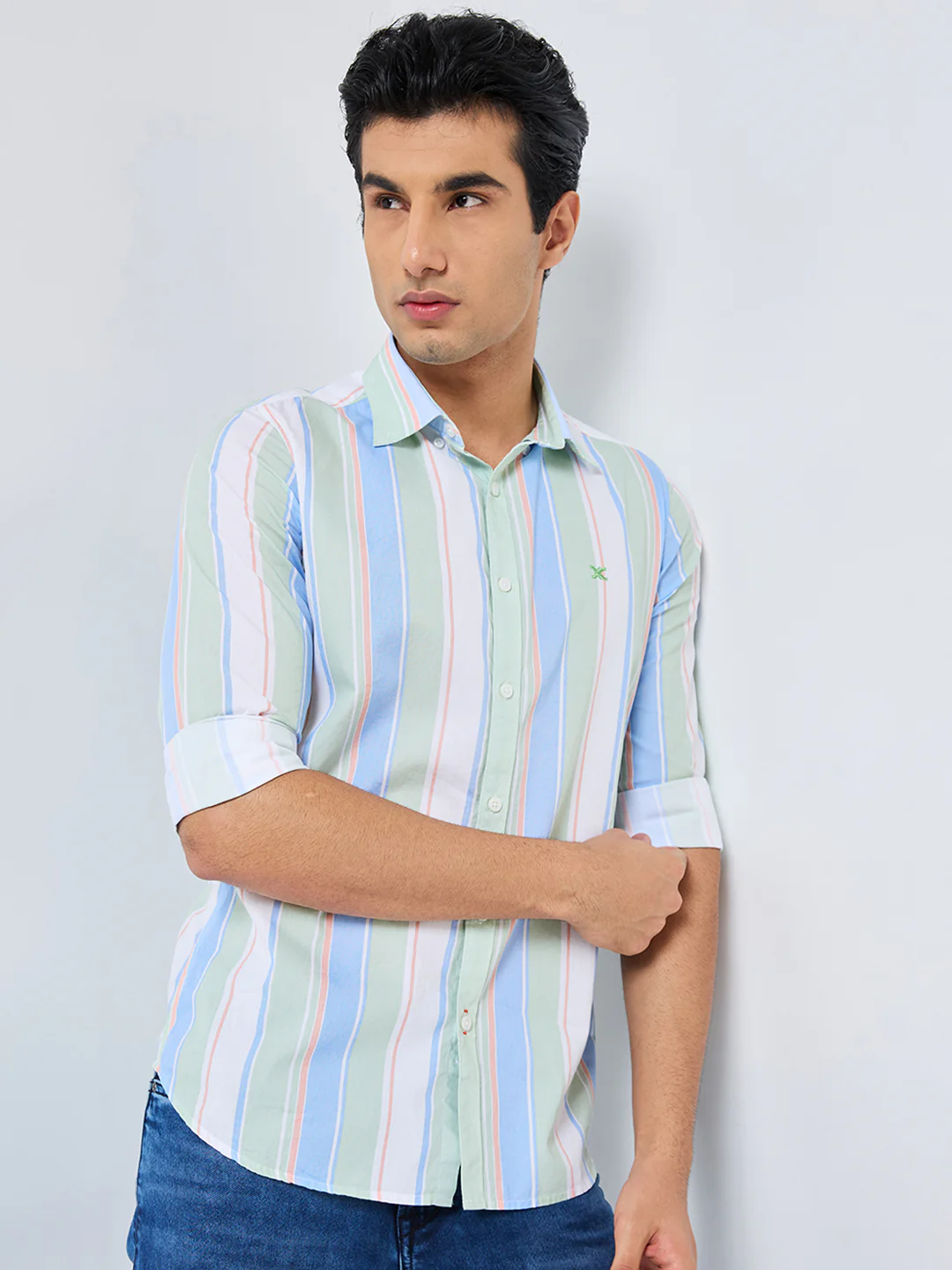 Full sleeves Slim Fit Green Multi Striper Oxford Shirt - Image 3