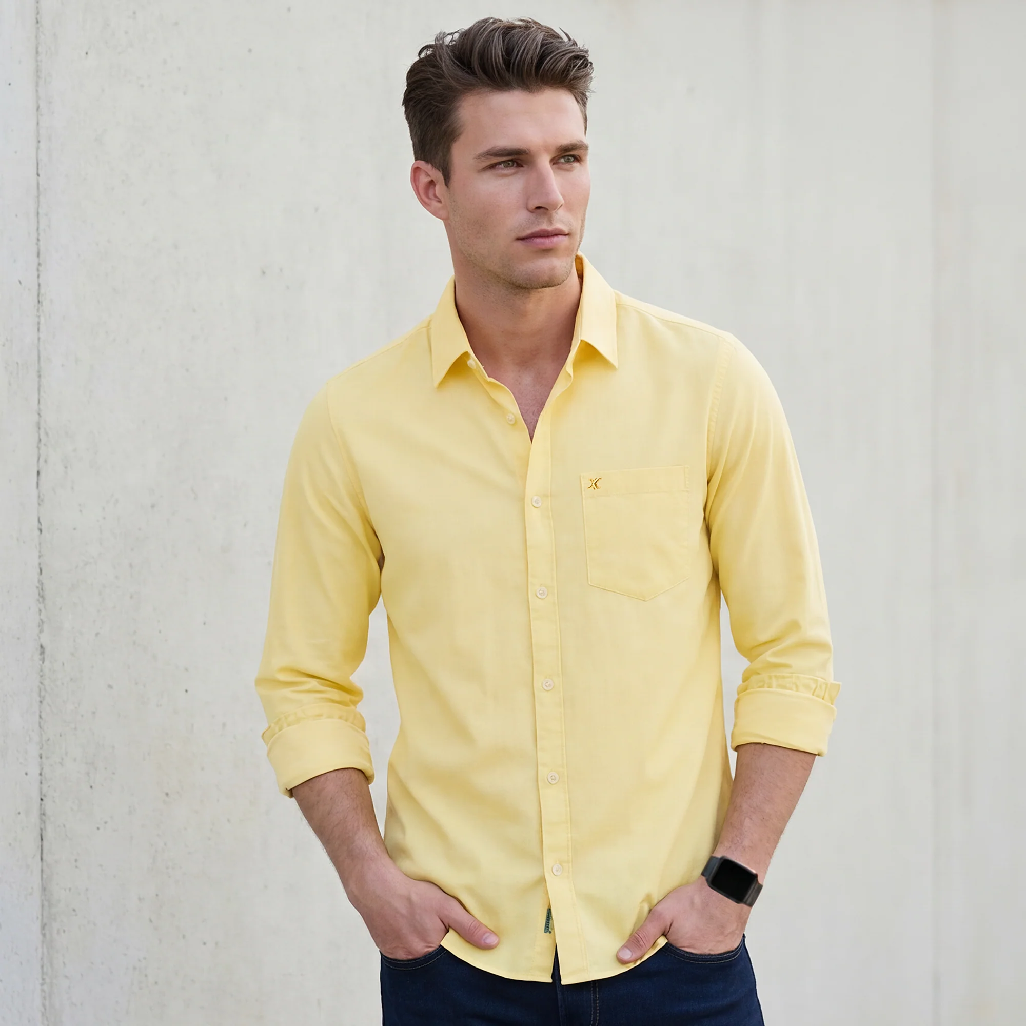 Full Sleeves Slim Fit Lemon Dobby Structure Button-Down Solid Shirt - Image 2