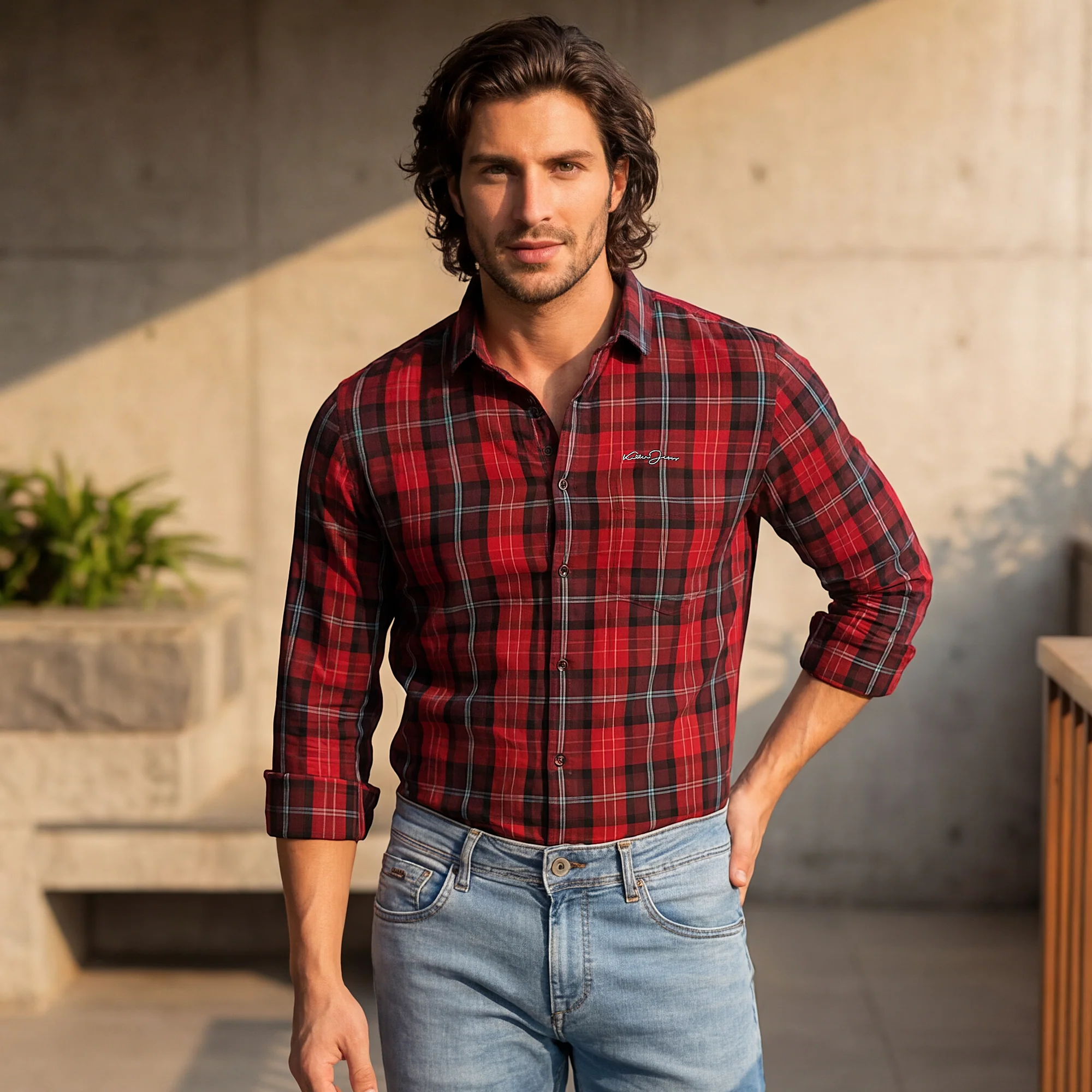 Full Sleeves Slim Fit Maroon Checks Shirt - Image 2