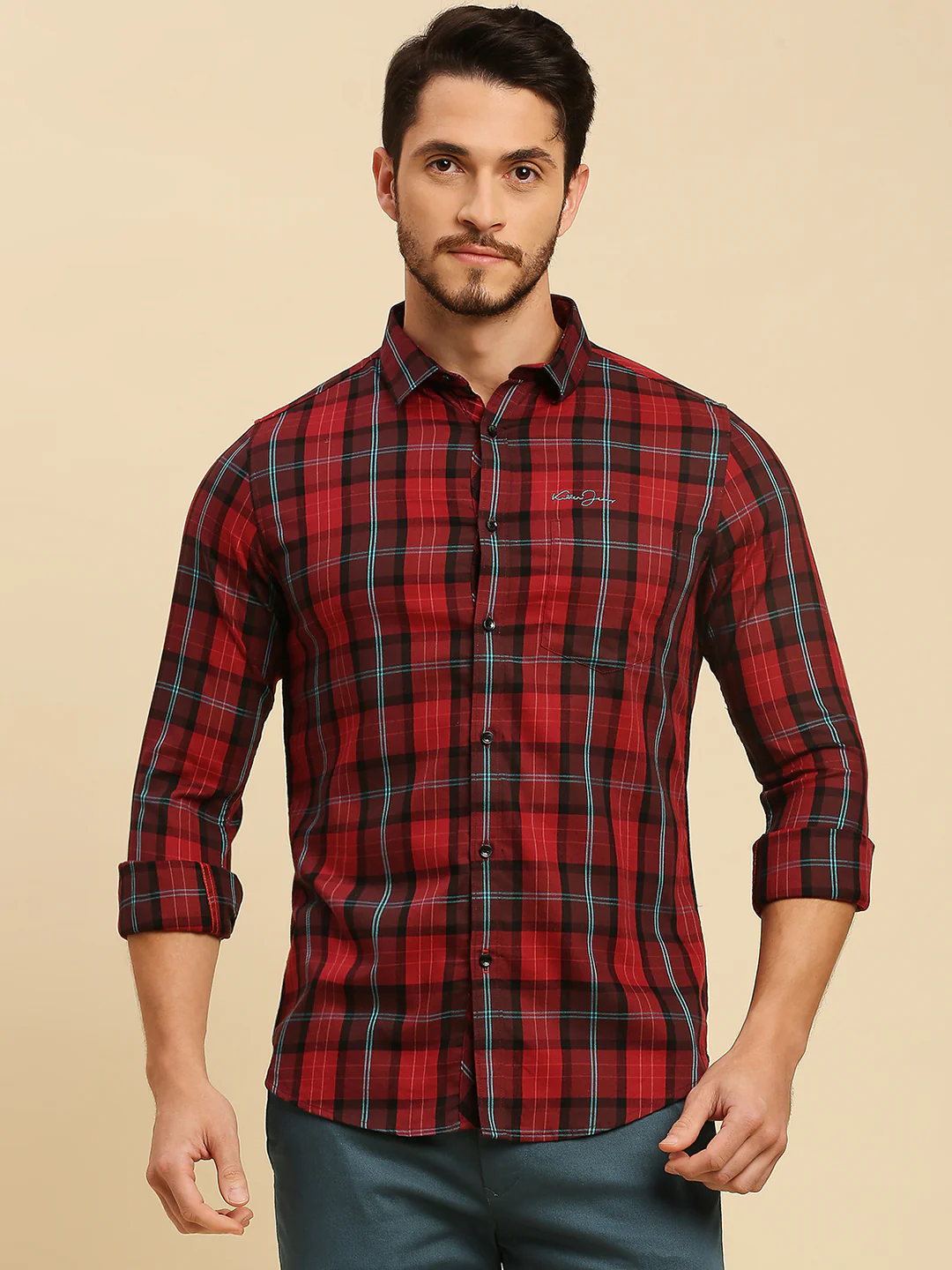 Full Sleeves Slim Fit Maroon Checks Shirt - Image 3