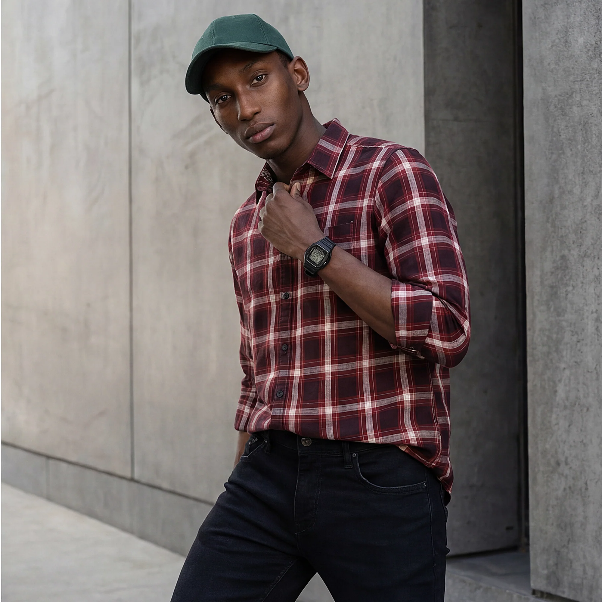 Full Sleeves Slim Fit Maroon Herringbone Structure Checks Shirt - Image 2
