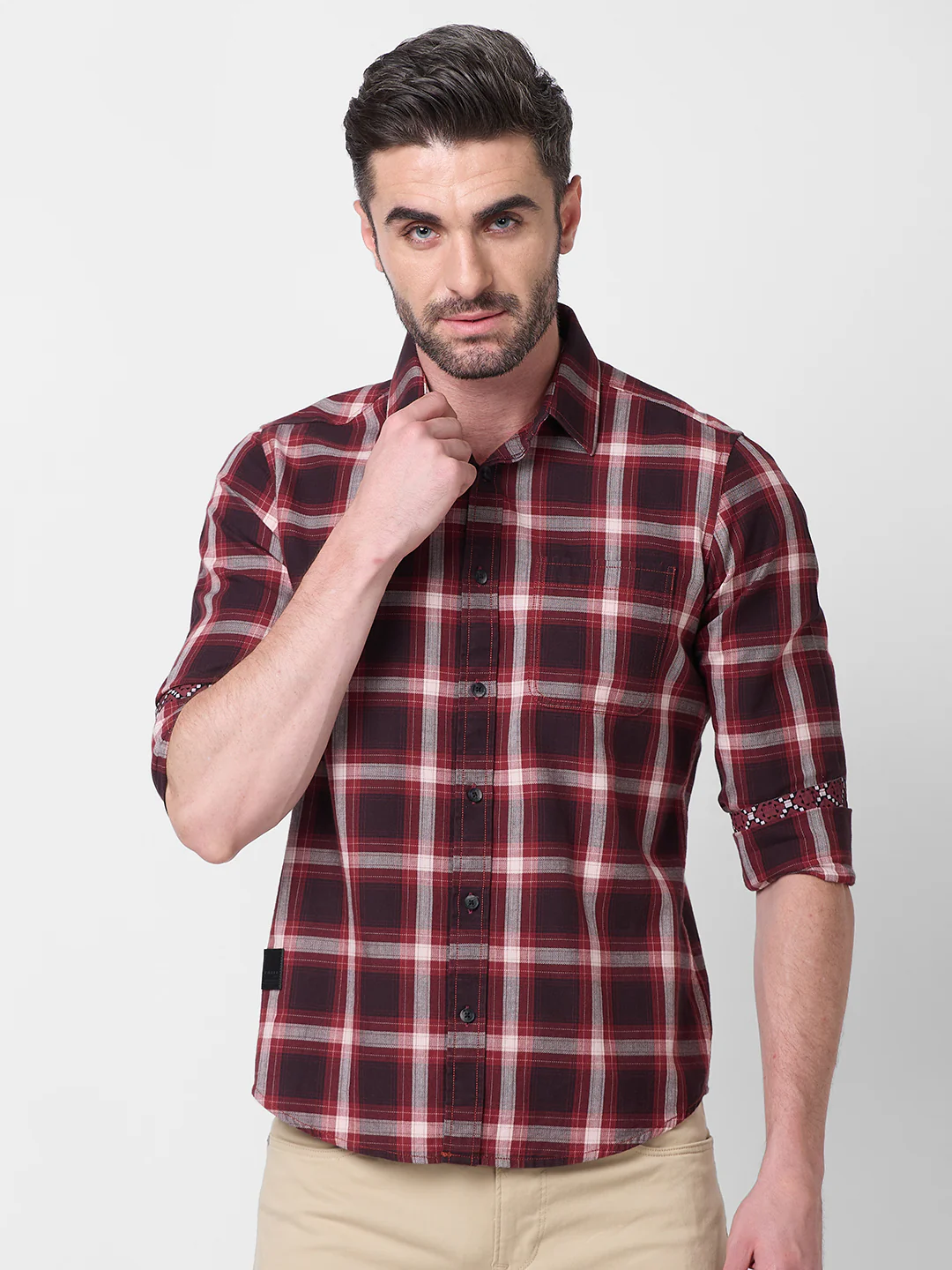 Full Sleeves Slim Fit Maroon Herringbone Structure Checks Shirt - Image 3