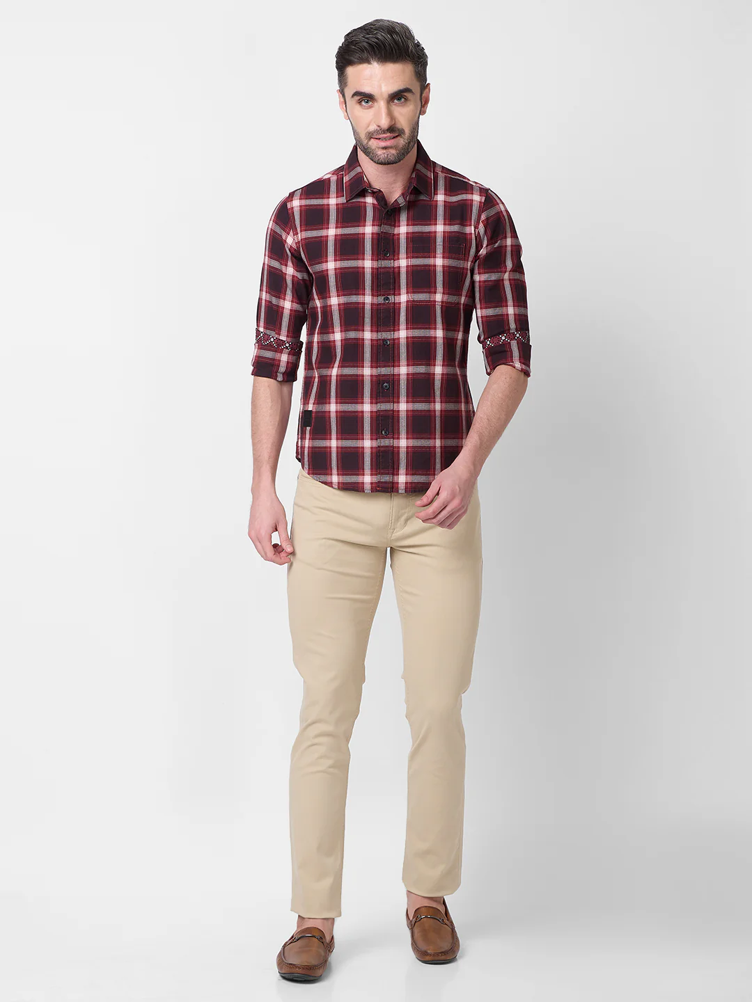 Full Sleeves Slim Fit Maroon Herringbone Structure Checks Shirt - Image 4