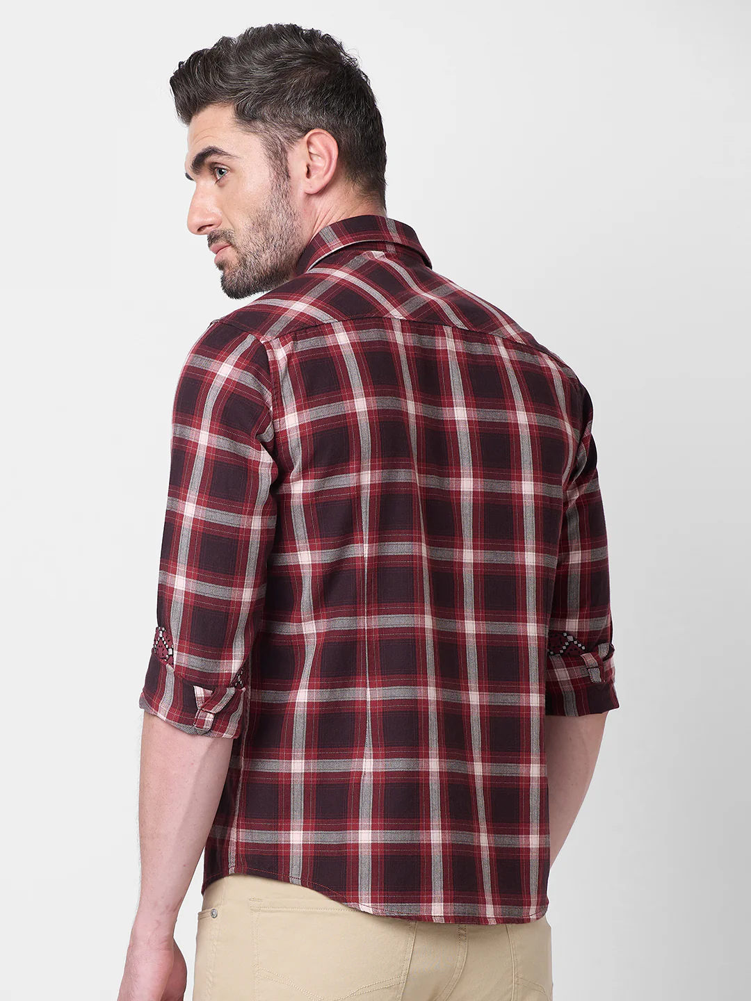 Full Sleeves Slim Fit Maroon Herringbone Structure Checks Shirt - Image 5
