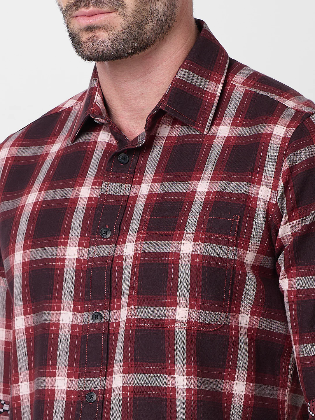 Full Sleeves Slim Fit Maroon Herringbone Structure Checks Shirt - Image 7